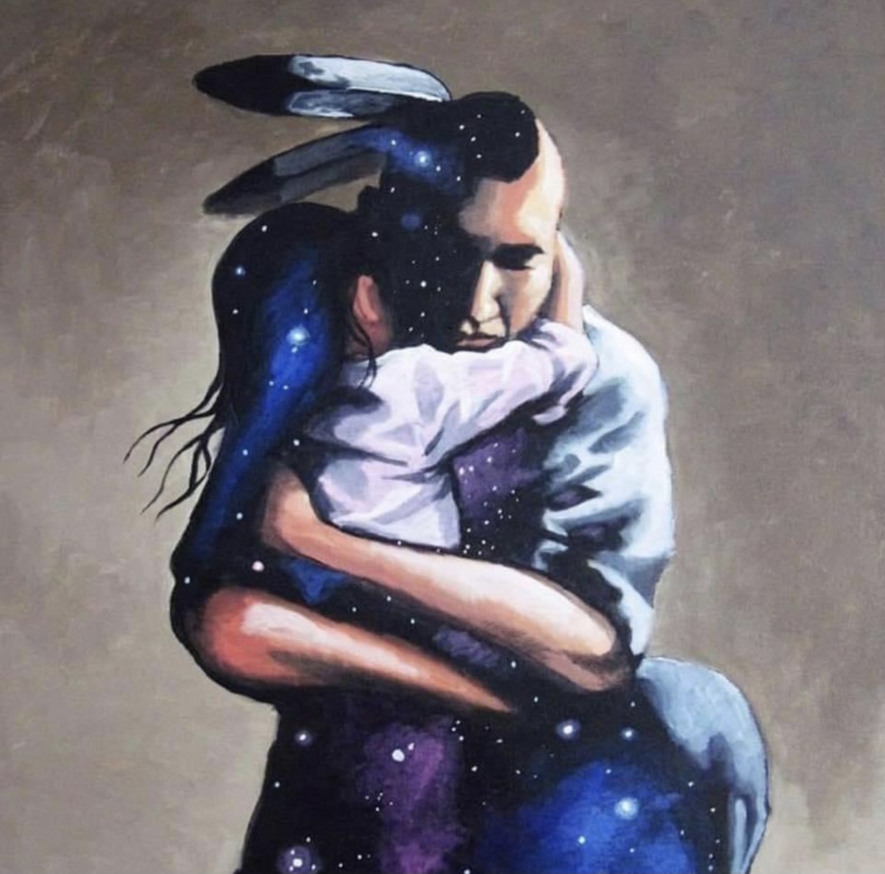 Painting of Native American man with child in his arms